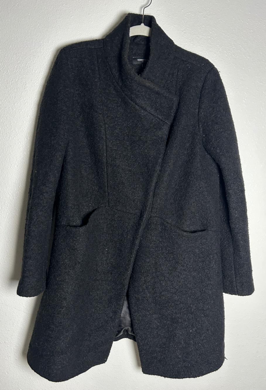 Kenneth Cole Wool Blend Asymmetrical Boucle Walker Coat Black Womens Large